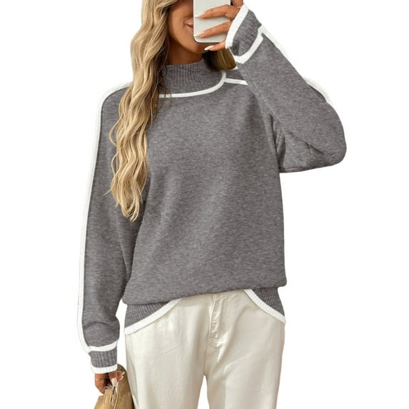 Sweaters for Women Trendy Cute Cozy Turtle-Neck Long Sleeve Colorblock Knitted Pullover Tops Grey M