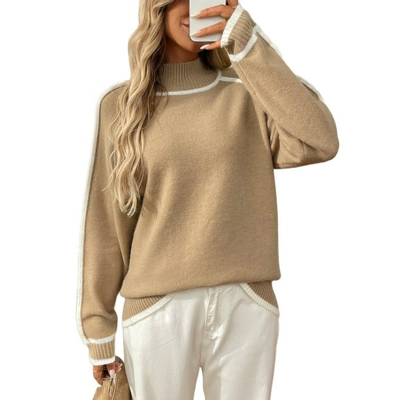 Sweaters for Women Trendy Cute Cozy Turtle-Neck Long Sleeve Colorblock Knitted Pullover Tops Khaki M