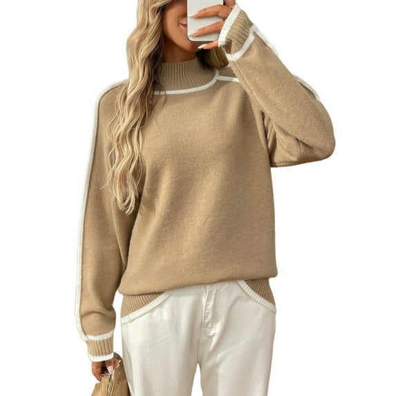 Sweaters for Women Trendy Cute Cozy Turtle-Neck Long Sleeve Colorblock Knitted Pullover Tops Khaki S
