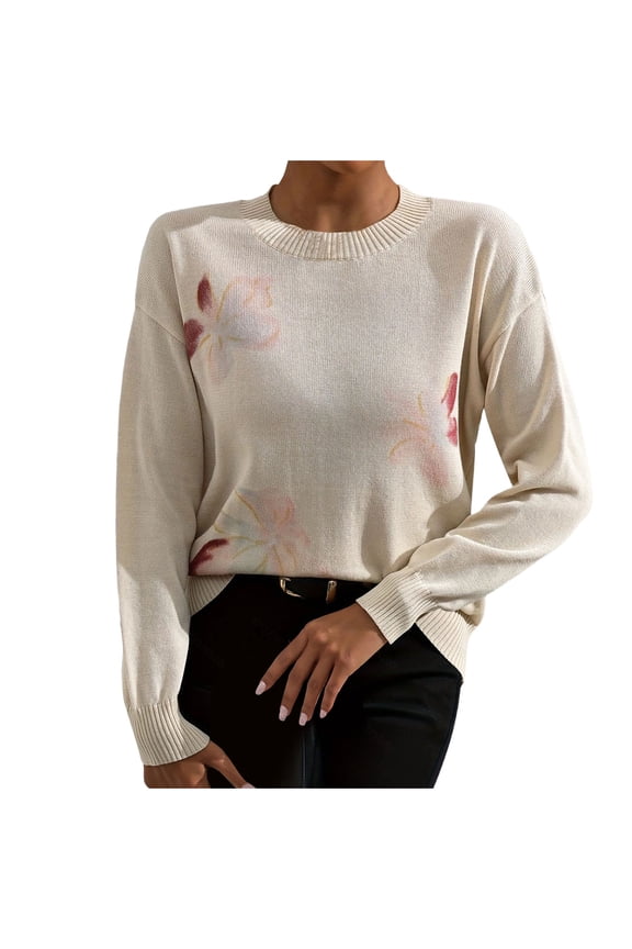 Sweaters for Women Trendy Fall Patchwork Sweatshirts Fashion Casual Loose Crew Neck Knitted Pullover Tops (Beige M)