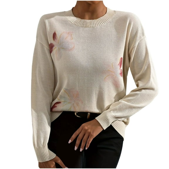 Sweaters for Women Trendy Fall Patchwork Sweatshirts Fashion Casual Loose Crew Neck Knitted Pullover Tops (Beige XL)
