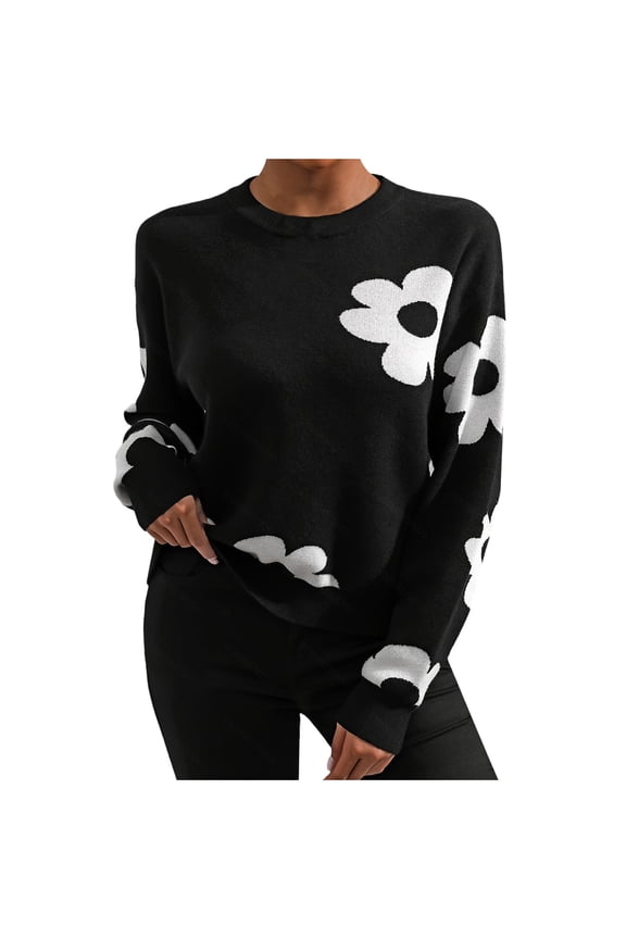 Sweaters for Women Trendy Fall Patchwork Sweatshirts Fashion Casual Loose Crew Neck Knitted Pullover Tops (Black 2XL)