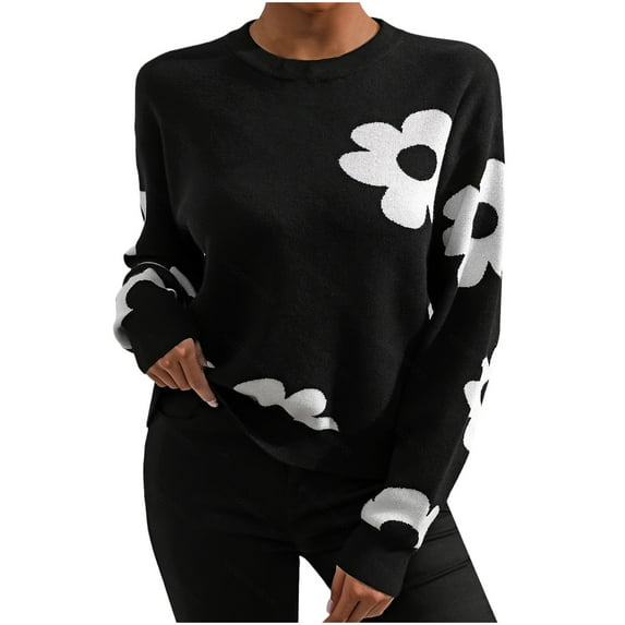 Sweaters for Women Trendy Fall Patchwork Sweatshirts Fashion Casual Loose Crew Neck Knitted Pullover Tops (Black XL)