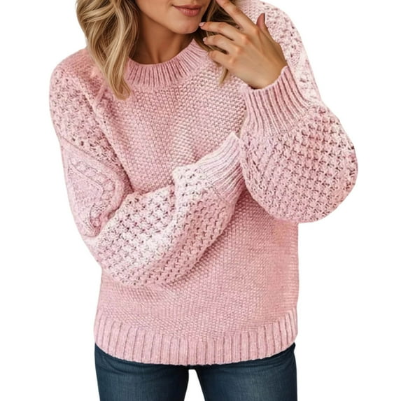 Sweaters for Women Trendy Fall Sweaters for Women Crewneck Knit Sweater Casual Loose Fit Solid Color Pullover Top With Jacquard Pattern