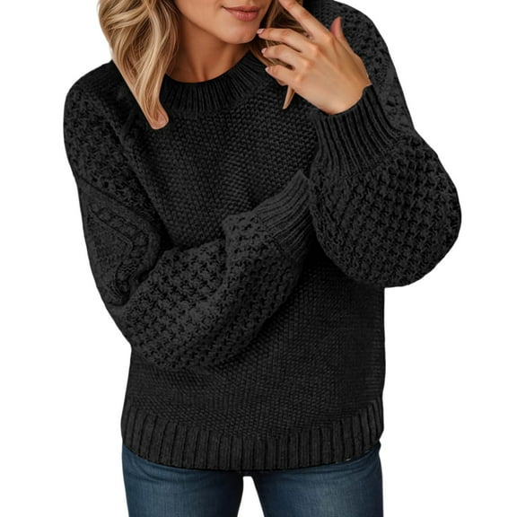 Sweaters for Women Trendy Fall Sweaters for Women Crewneck Knit Sweater Casual Loose Fit Solid Color Pullover Top With Jacquard Pattern