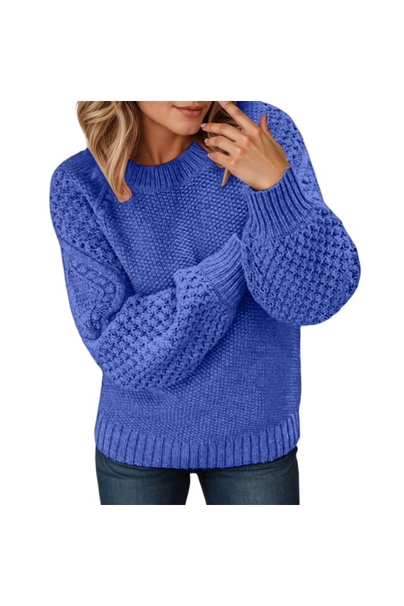Sweaters for Women Trendy Fall Sweaters for Women Crewneck Knit Sweater Casual Loose Fit Solid Color Pullover Top With Jacquard Pattern