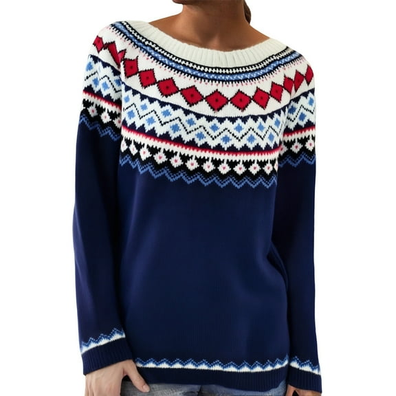 Sweaters for Women Trendy Fall Winter Fair Isle Knit Soft Crewneck Color Block Pullover Plus Size Womens Blouses,Dark Blue,L