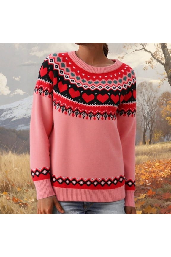 Sweaters for Women Trendy Heart Pattern Crew Neck Long Sleeve Loose Knit Pullover Fade Resistant Warm Cozy Top Pink L