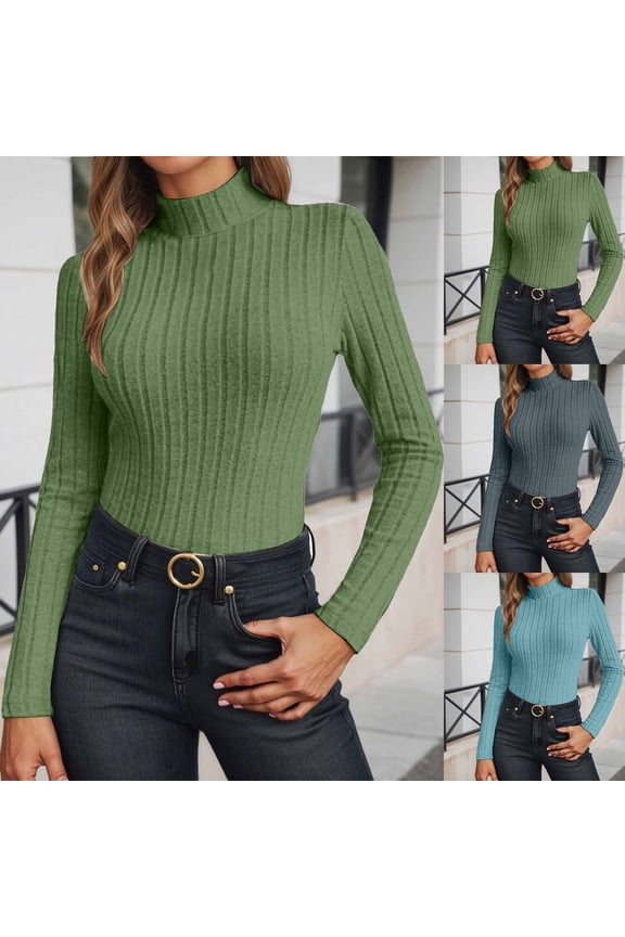 Sweaters for Women Trendy High Neck Ribbed Knit Pullover Sweater Turtleneck Slim Long Sleeve Out Fits with Stretch