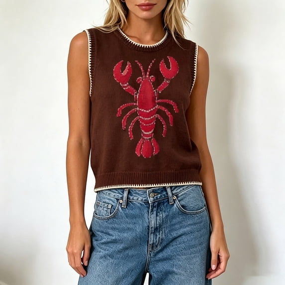 Sweaters for Women Trendy Lobster Print Round Neck Sleeveless Knit Vest Contrast Design Dense Versatile Top Brown S