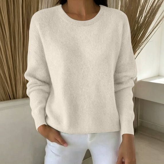Sweaters for Women Trendy Long Sleeve Crewneck Fall Lightweight Loose Fit Knit Pullover Basic Tops(Beige,XL)