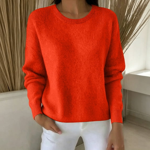 Sweaters for Women Trendy Long Sleeve Crewneck Fall Lightweight Loose Fit Knit Pullover Basic Tops(Red,S)