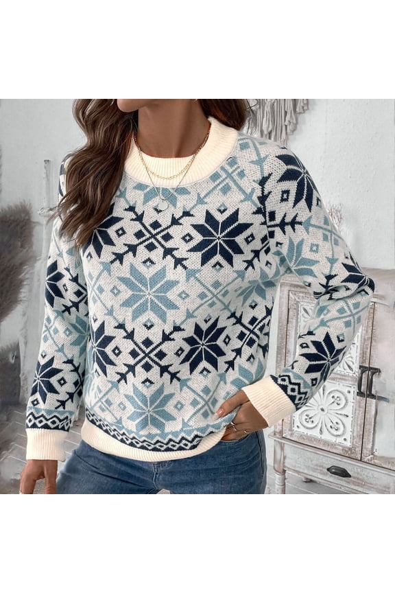 Sweaters for Women Trendy Retro Print Crew Neck Long Sleeve Loose Knit Pullover Nordic Style Exquisite Warm Fall Top Blue M