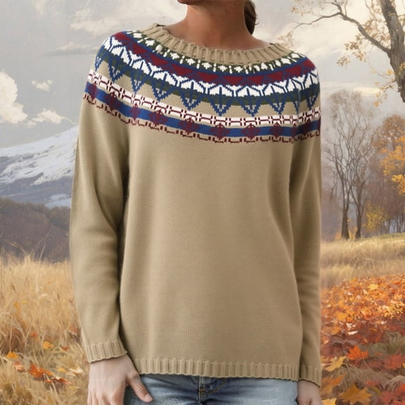 Sweaters for Women Trendy Retro Print Crew Neck Long Sleeve Loose Knit Pullover Pill Resistant Free Versatile Top Khaki XXL