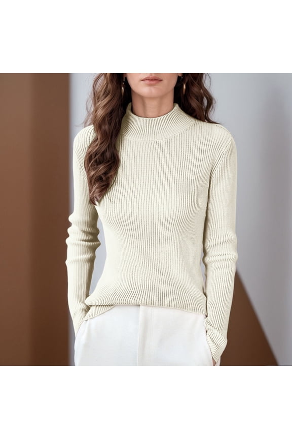 Sweaters for Women Trendy Solid Color Mock Neck Long Sleeve Slim Knit Base Layer Smooth Flattering Undershirt Top Beige L