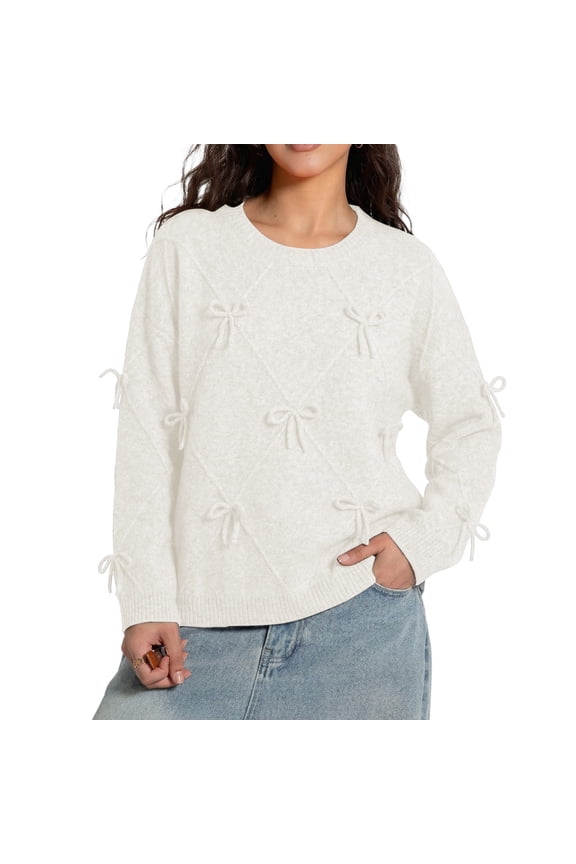 Sweaters for Women Trendy Sweet Bow Knot Solid Color Round Neck Long Sleeve Pullover Knit Sweater Elegant French Style Daily Top