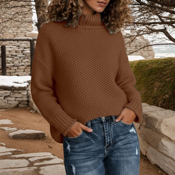Sweaters for Women Trendy Winter High Neck Knitted Sweater Long Sleeve Rolled Edge Pullover for Cozy Fall Turtleneck Top