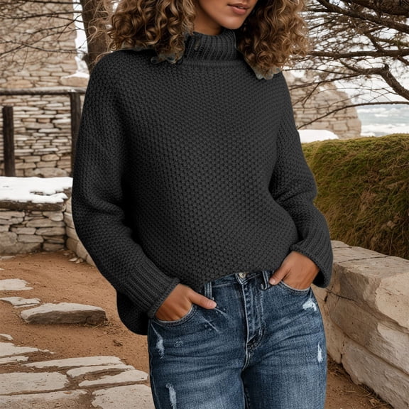 Sweaters for Women Trendy Winter High Neck Knitted Sweater Long Sleeve Rolled Edge Pullover for Cozy Fall Turtleneck Top
