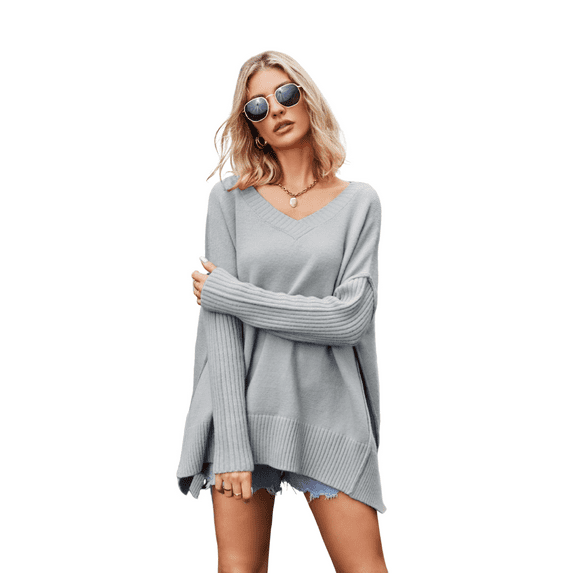 Sweaters for Women Trendy, Women's V Neck Long Sleeve Knit Sweater Fall Fashion Solid Color Pullover Sweater Tunic Tops