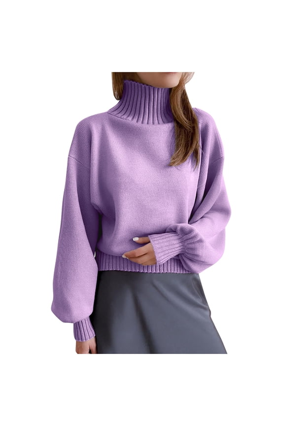 Sweaters for Women Turtleneck High Neck Knitted Knit Puff Bubble Long Sleeve Solid Color Base Winter Fall