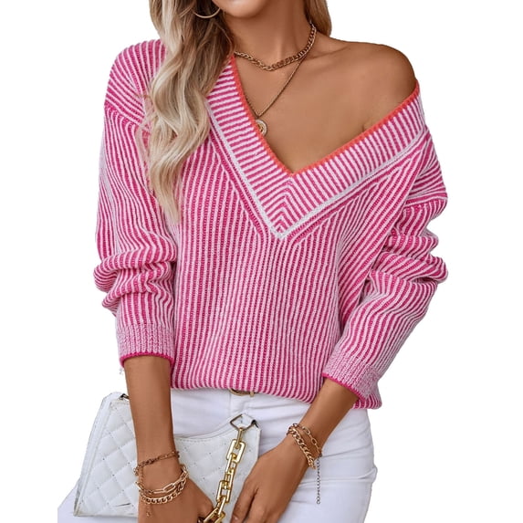 Sweaters for Women V Neck Casual Long Sleeve Striped Knitted Pullover Sweaters Tops Fall Winter Sweaters Alsol Lamesa