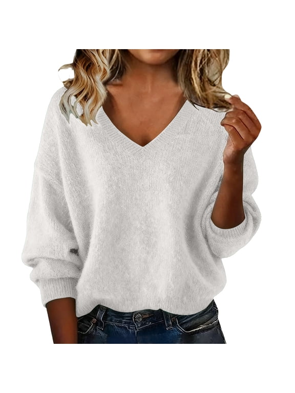 Sweaters for Women V Neck Fall Warm Knit Wool Pullover Sweater,XL