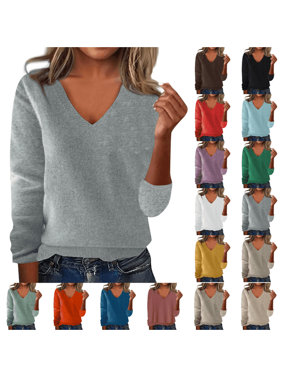 Sweaters for Women V Neck Long Sleeve Cozy Soft Pullover Tops Loose Casual Knitted Warm Sweater