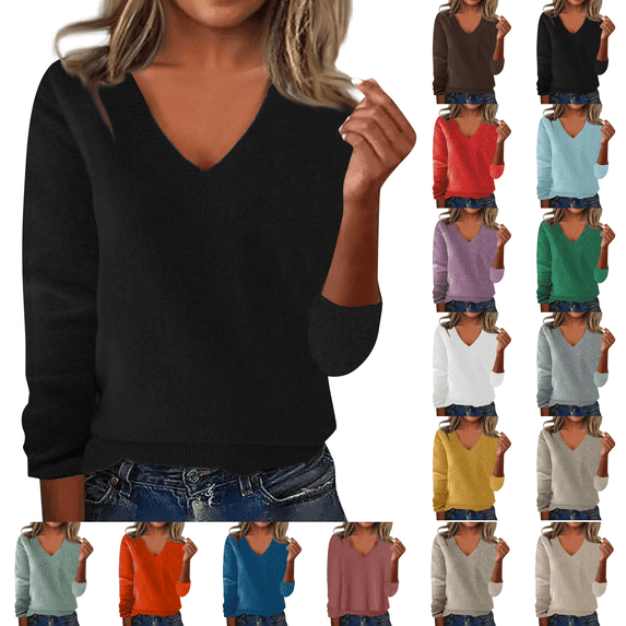 Sweaters for Women V Neck Long Sleeve Cozy Soft Pullover Tops Loose Casual Knitted Warm Sweater