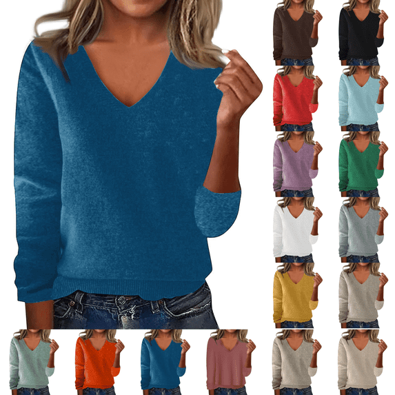 Sweaters for Women V Neck Long Sleeve Cozy Soft Pullover Tops Loose Casual Knitted Warm Sweater