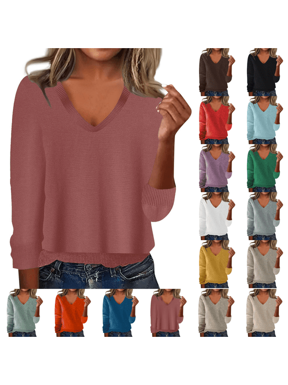 Sweaters for Women V Neck Long Sleeve Cozy Soft Pullover Tops Loose Casual Knitted Warm Sweater
