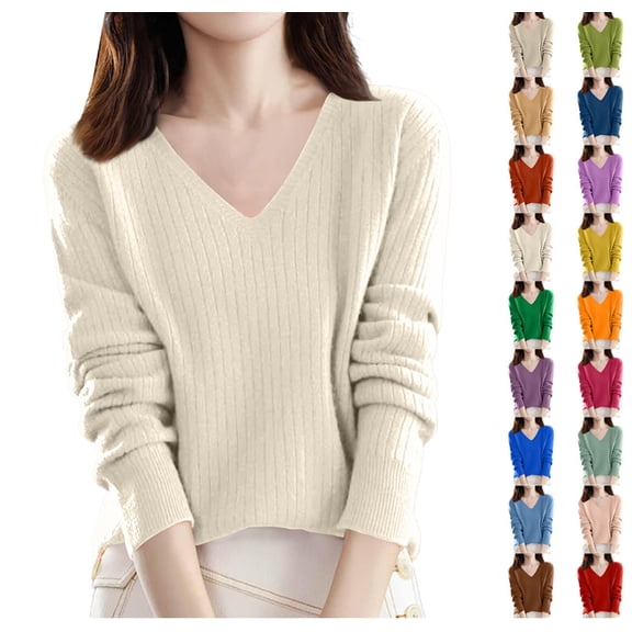 Sweaters for Women V Neck Long Sleeve Lightweight Knitted Pullover Casual Loose Warm Jumper Sweater Top Beige XXL