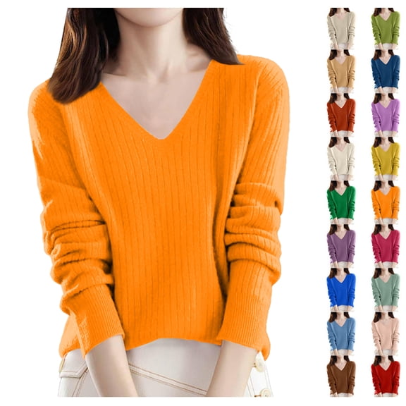 Sweaters for Women V Neck Long Sleeve Lightweight Knitted Pullover Casual Loose Warm Jumper Sweater Top Orange L