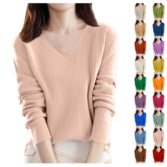 Sweaters for Women V Neck Long Sleeve Lightweight Knitted Pullover Casual Loose Warm Jumper Sweater Top Pink S