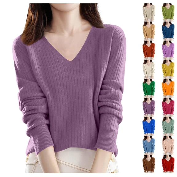 Sweaters for Women V Neck Long Sleeve Lightweight Knitted Pullover Casual Loose Warm Jumper Sweater Top Purple S