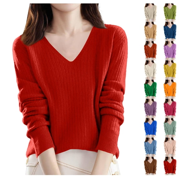 Sweaters for Women V Neck Long Sleeve Lightweight Knitted Pullover Casual Loose Warm Jumper Sweater Top Red S
