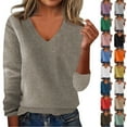 thumbnail image 1 of Sweaters for Women V Neck Long Sleeve Loose Knit, Business Casual Work Pullover Fall Top Dark Blue 2XL, 1 of 5