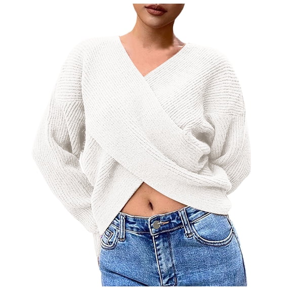 Sweaters for Women, V Neck Sweaters for Women, Solid Color Knit Crop Top, Long Sleeve for Fashion Wear