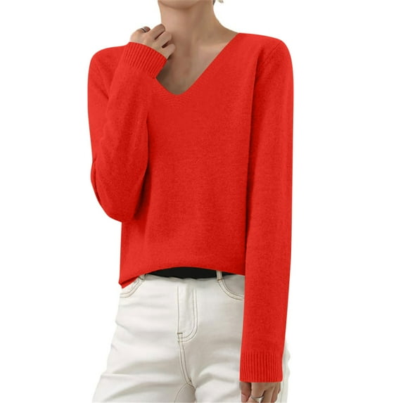 Sweaters for Women V neck Long Sleeve Soft Solid Color Knit Blouses Loose Pullover Sweater Top