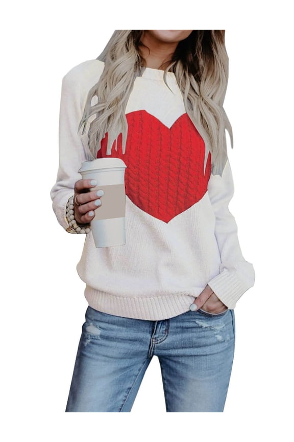 Sweaters for Women Valentine's Day Gift Long Sleeve Crewneck Cute Heart Print Knitted Pullover Sweaters Shermie