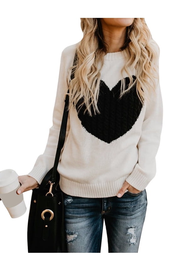 Sweaters for Women Valentine's Day Gift Long Sleeve Crewneck Cute Heart Print Knitted Pullover Sweaters Shermie