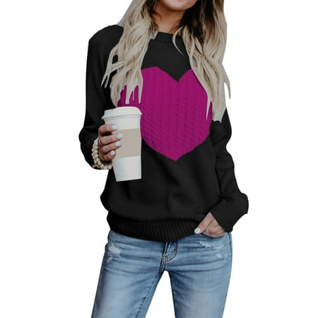 Sweaters for Women Valentine's Day Gift Long Sleeve Crewneck Cute Heart Print Knitted Pullover Sweaters Shermie
