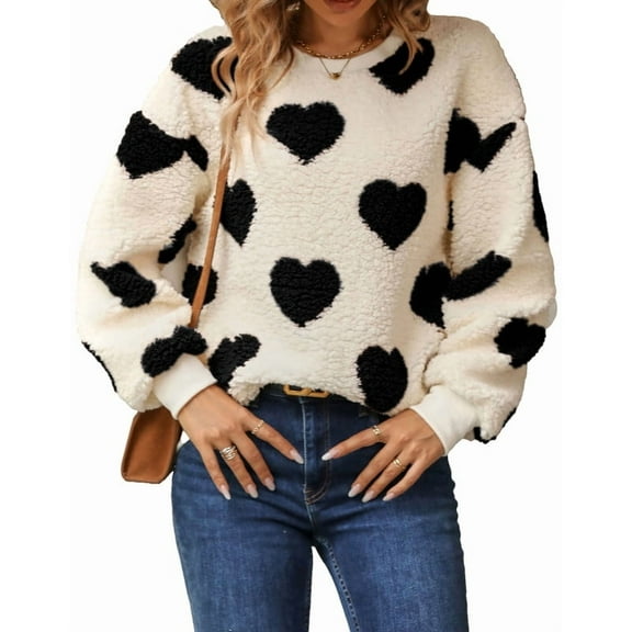 Sweaters for Women Valentine's Day Heart Printed Pullover Sweaters Warm Fuzzy Crewneck Sweaters Shermie