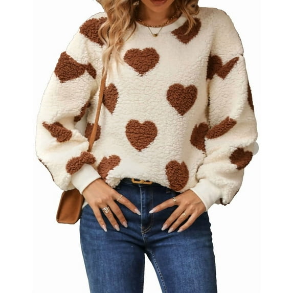 Sweaters for Women Valentine's Day Heart Printed Pullover Sweaters Warm Fuzzy Crewneck Sweaters Shermie