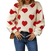 Sweaters for Women Valentine's Day Heart Printed Pullover Sweaters Warm Fuzzy Crewneck Sweaters Shermie