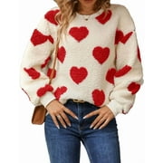 Sweaters for Women Valentine's Day Heart Printed Pullover Sweaters Warm Fuzzy Crewneck Sweaters Shermie