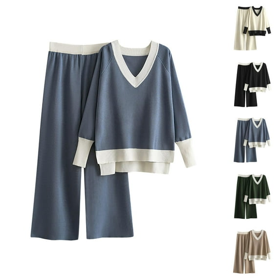 Sweaters for Women, Winter Sweaters for Women, Two Piece Set with V Neck Pullover, Contrast Color Wide Leg Pants for Casual Wear