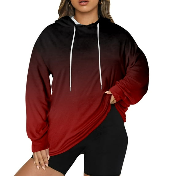 Sweaters for Women Women Plus Size Pullover Hoodie Gradient Print Long Sleeve Hooded Sweatshirt Hoodies for Women Womens Tops Wine XL