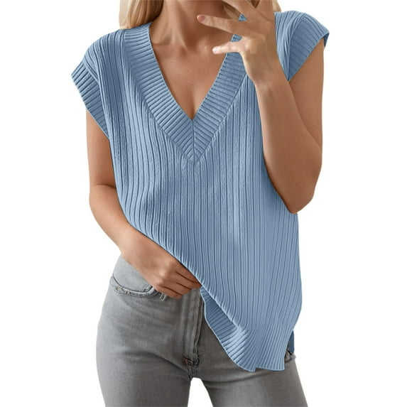 Sweaters for Women, Women's V Neck Pullover Vest Oversized Sleeveless Tank Tops Lightweight Knitted Summer Elegant Top, Sweater(Blue,M)