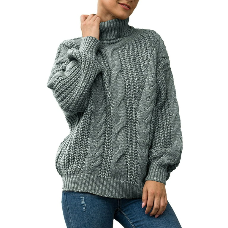 Sweaters for Women Women s Winter Solid Knitwear Thick Thread High Neck Long Sleeve Pullover Sweater Color Grey Size S
