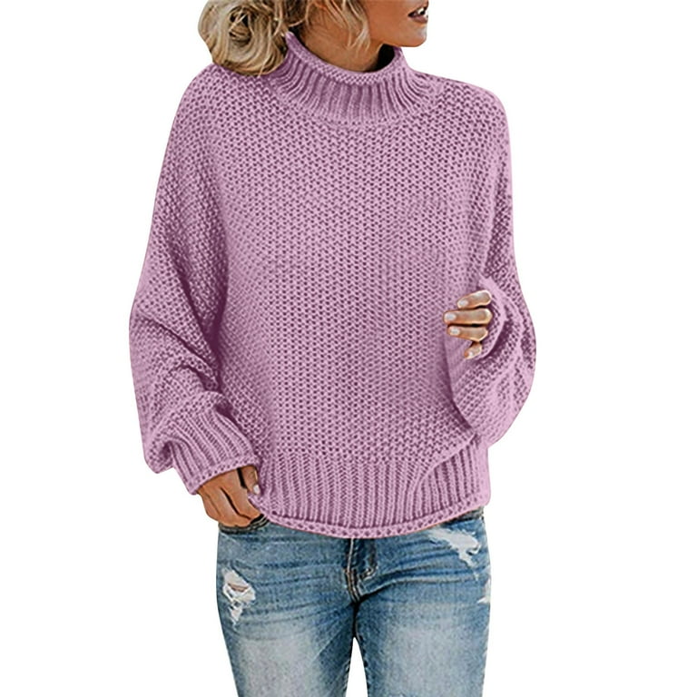 Wotryit Sweaters for Women Womens Winter Solid Knit Sweater Thick Thread Pullover Turtleneck Long Sleeve Sweater Color Purple Size L Women s
